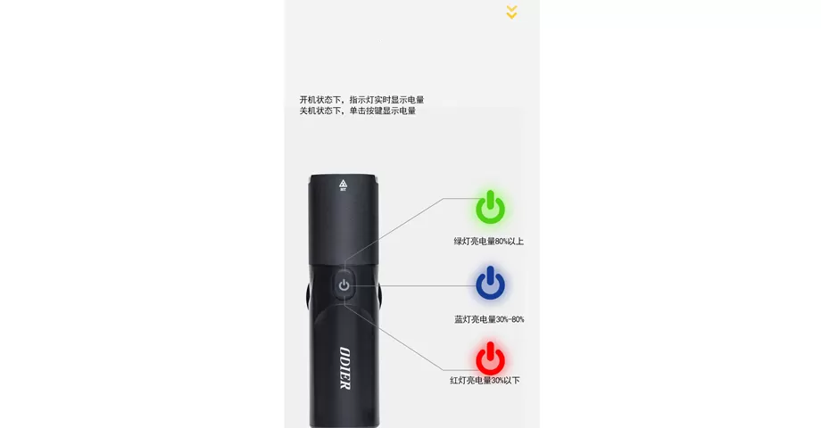 开机状态下，指示灯实时显示电量