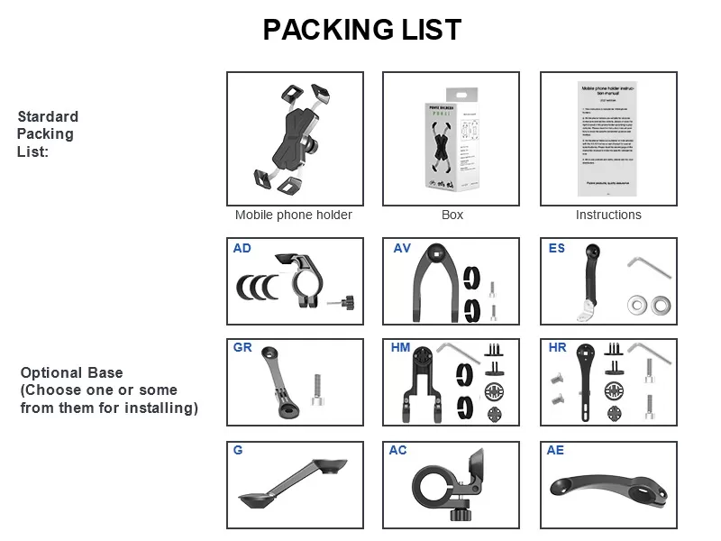 Packing List of Four Corner Self-Locking Bike Phone Holder Pb04